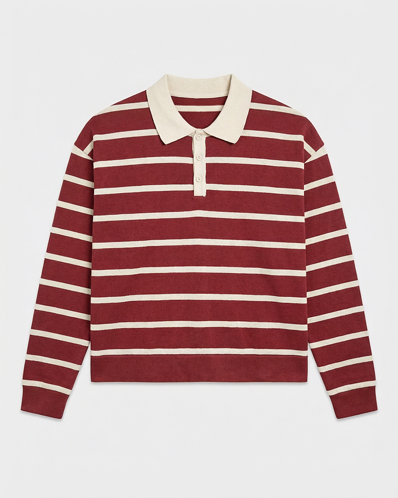 Unisex Horizontal Striped Knit Polo in Maroon