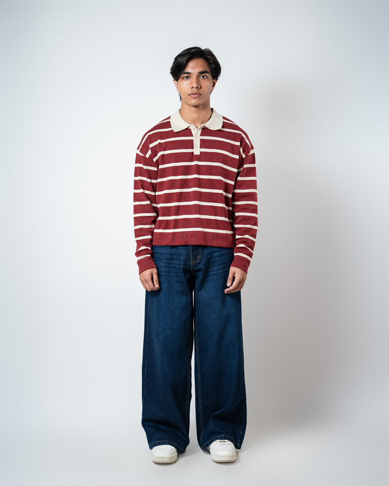 Unisex Horizontal Striped Knit Polo in Maroon - Image 2