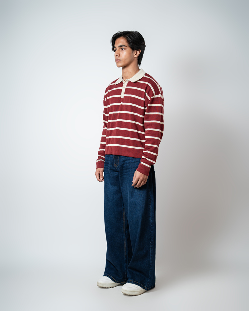 Unisex Horizontal Striped Knit Polo in Maroon - Image 3