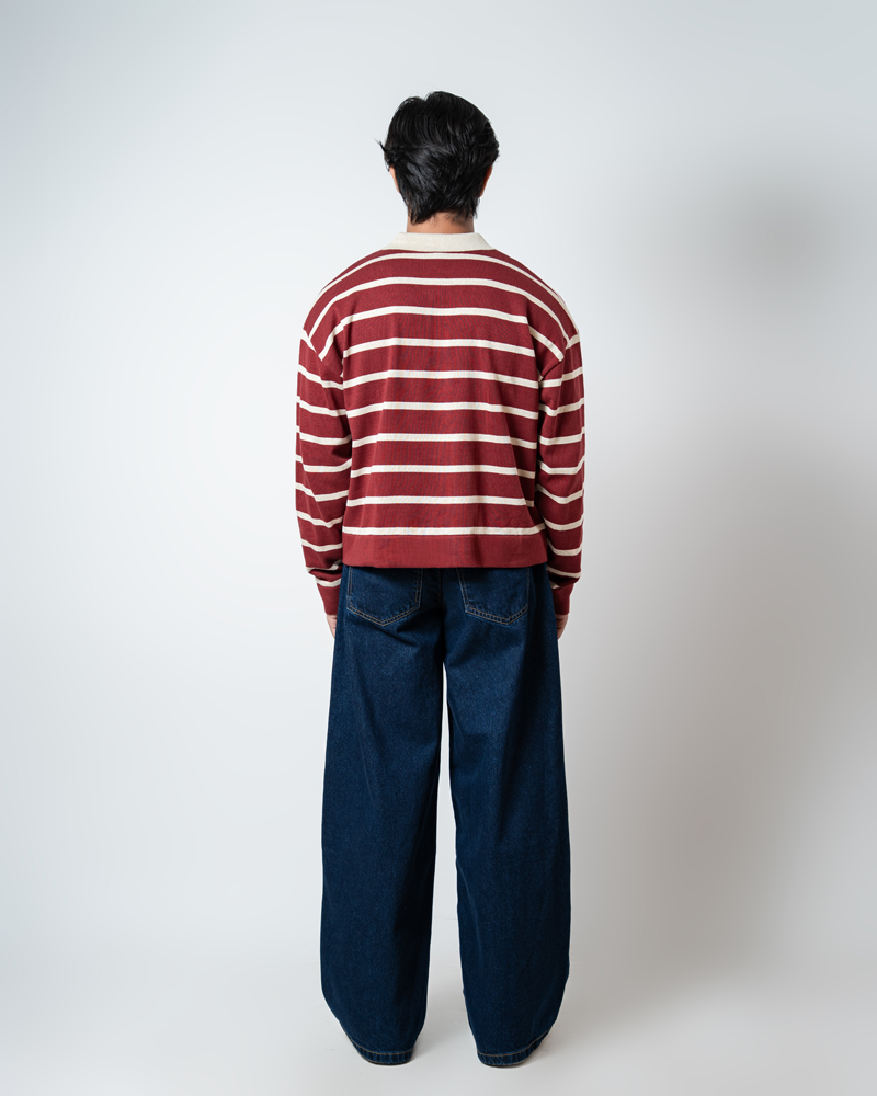 Unisex Horizontal Striped Knit Polo in Maroon - Image 4