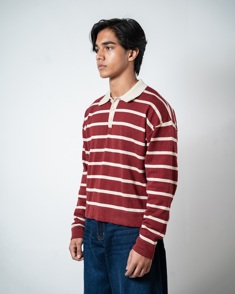 Unisex Horizontal Striped Knit Polo in Maroon - Image 5