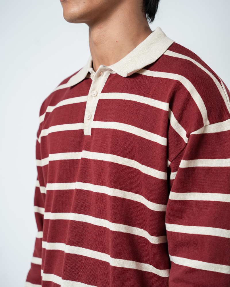 Unisex Horizontal Striped Knit Polo in Maroon - Image 6