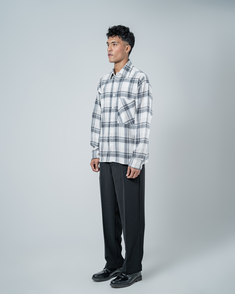 Unisex Long Sleeve Oversized Flannel Shirt in Cream - Image 5