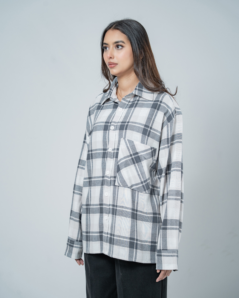 Unisex Long Sleeve Oversized Flannel Shirt in Cream - Image 10