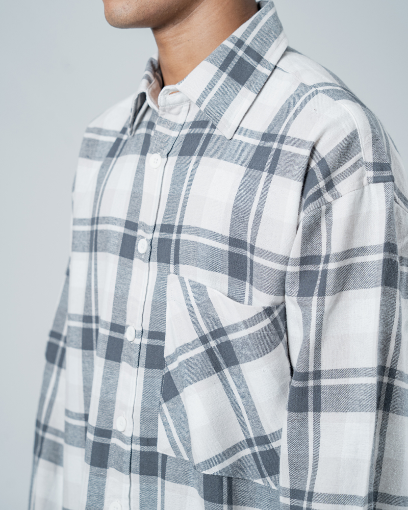 Unisex Long Sleeve Oversized Flannel Shirt in Cream - Image 11