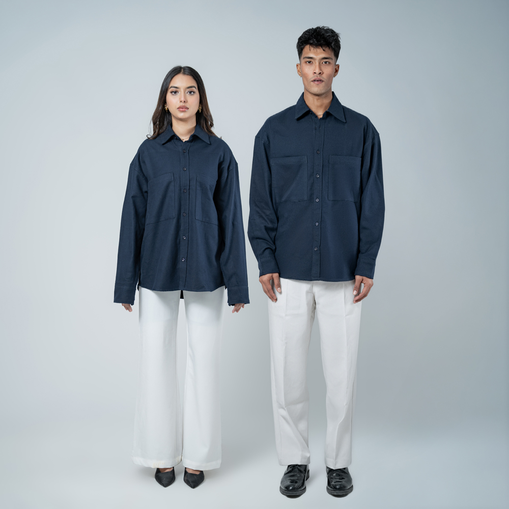 Unisex Long Sleeve Oversized Shirt in Navy - Image 2