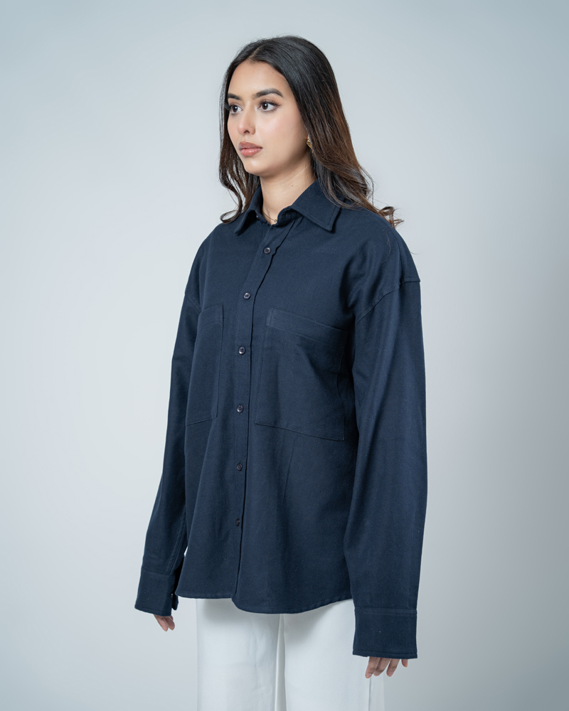 Unisex Long Sleeve Oversized Shirt in Navy - Image 10