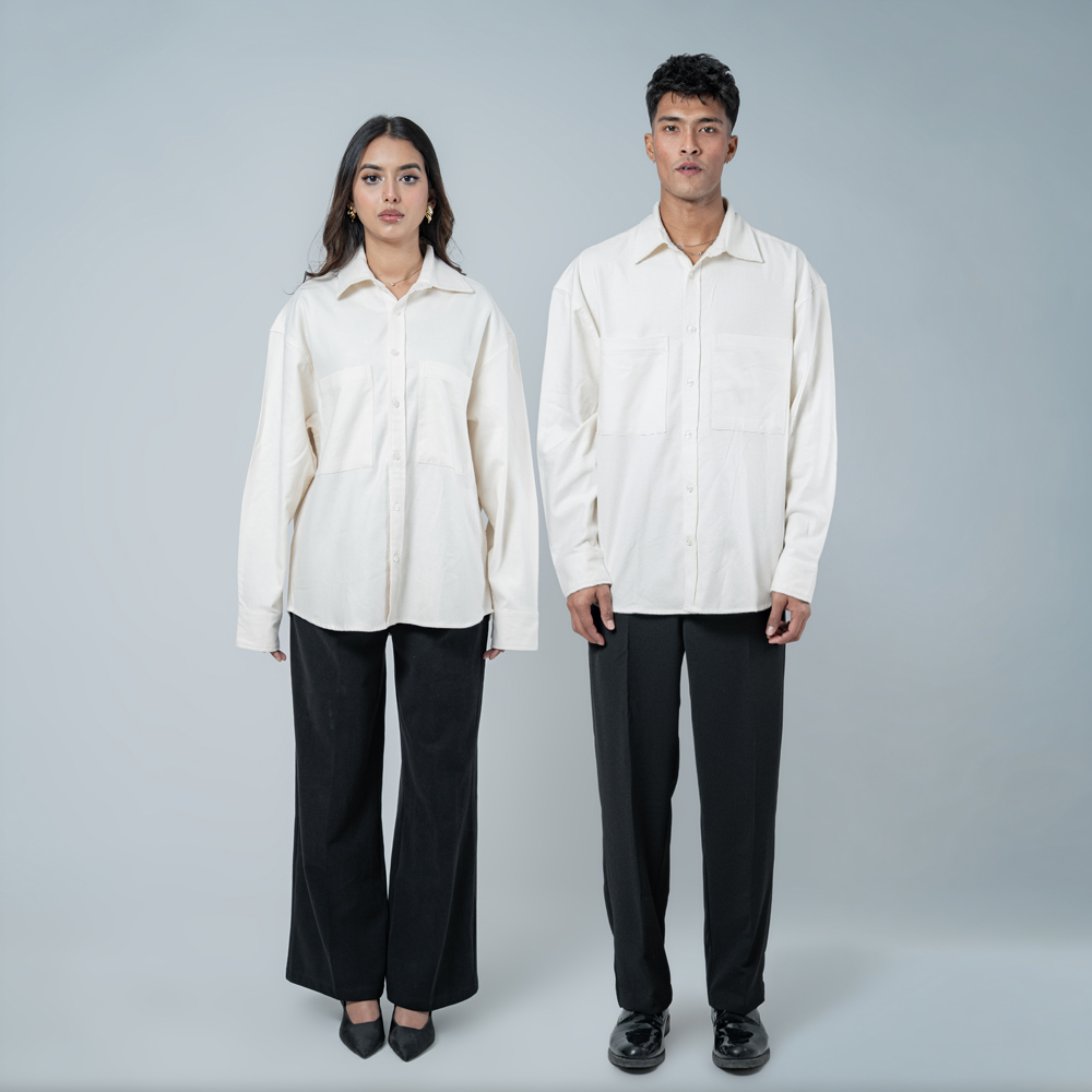 Unisex Long Sleeve Oversized Shirt in Off White - Image 2