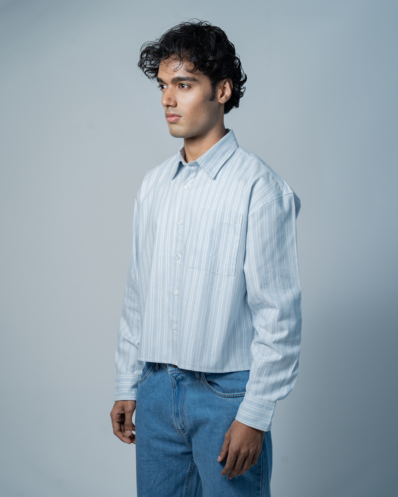 Unisex Oversized Cropped Shirt in White & Sky Blue - Image 9