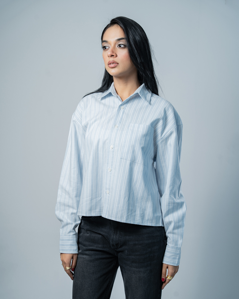 Unisex Oversized Cropped Shirt in White & Sky Blue - Image 10