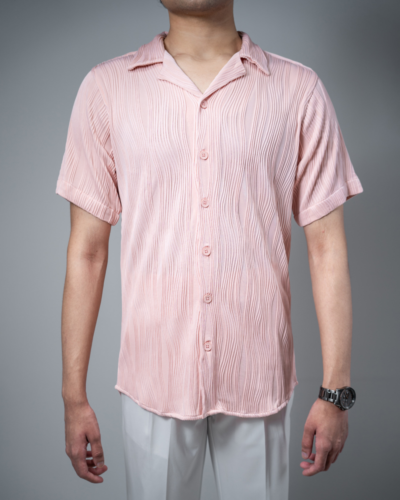 Wavy Patterned Cuban Shirt in Baby Pink - Image 4