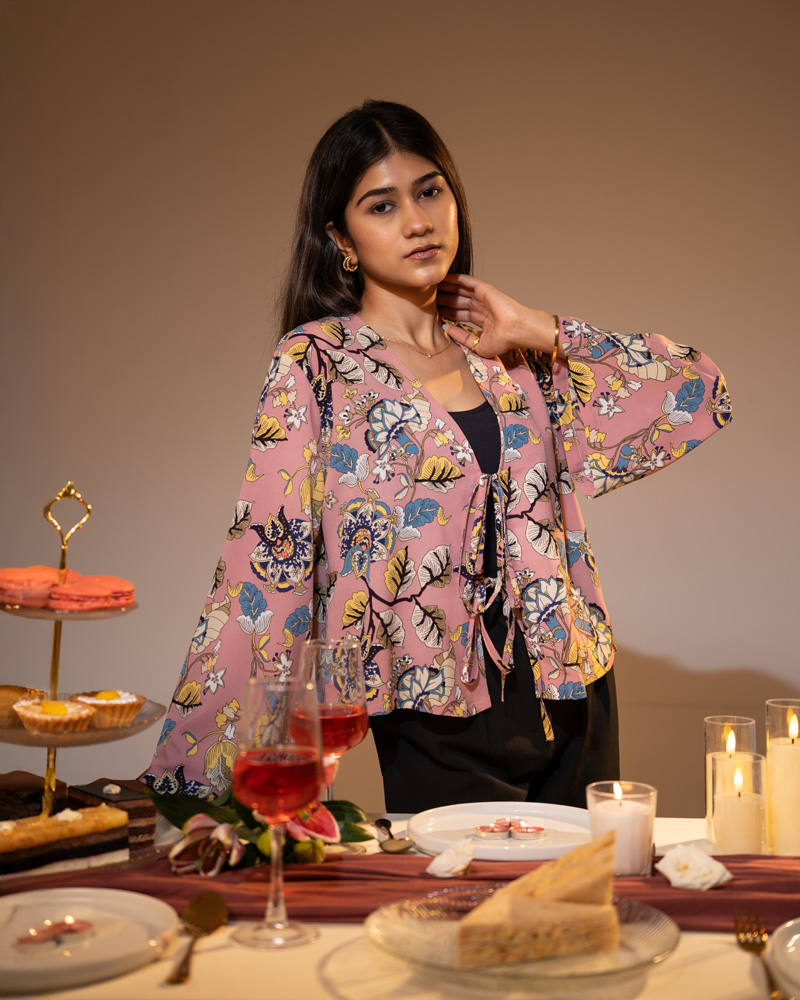 Women's Floral Printed String Tie top in Pink - Image 6