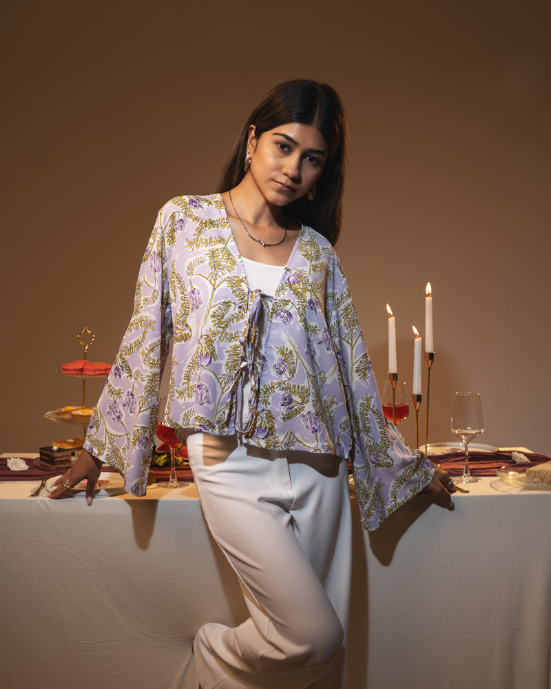 Women's Floral Printed String Tie top in Violet