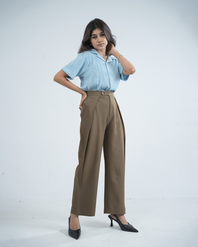 Women's High-Waisted Curve Pleated Formal Pants in Muted Brown - Image 5