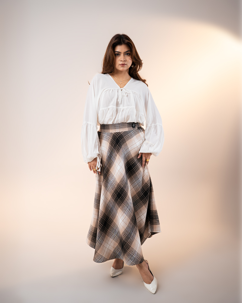 Women's Long Flannel Skirt in Black and Cream - Image 9