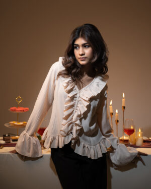 Women's Long Sleeve Ruffle Top in Off-White