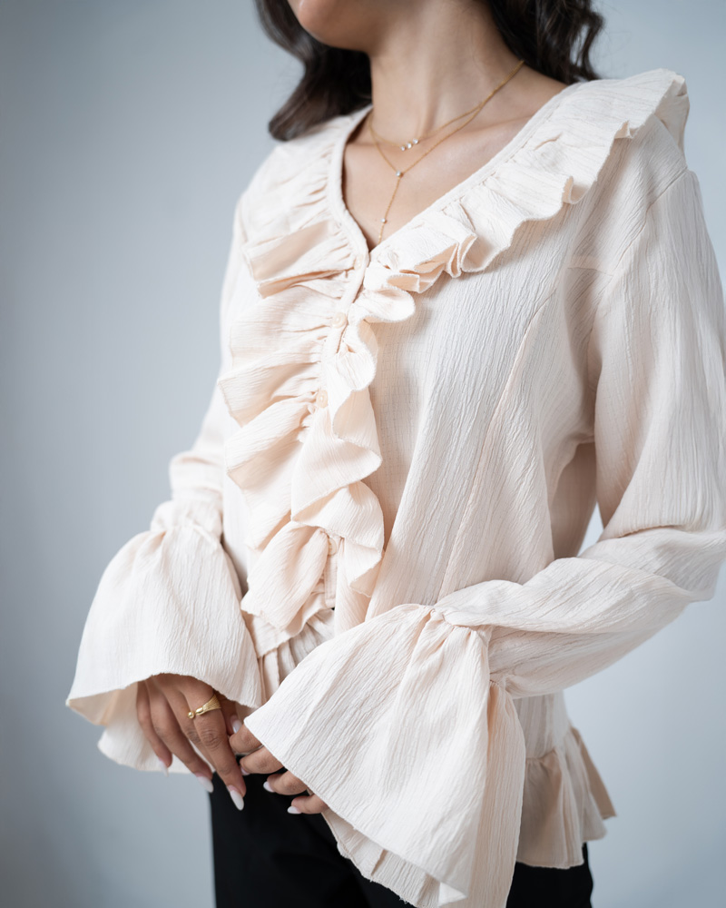 Women's Long Sleeve Ruffle Top in Off-White - Image 3