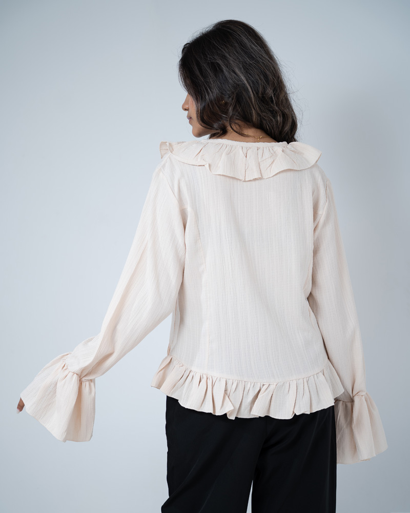 Women's Long Sleeve Ruffle Top in Off-White - Image 4