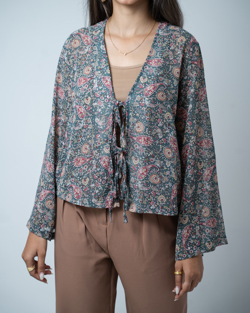 Women’s Paisley Printed String Tie Top in Green - Image 2