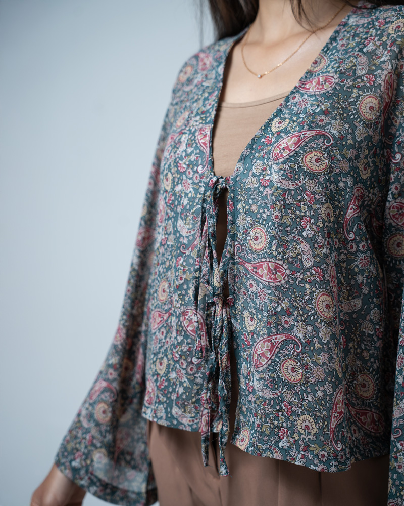 Women’s Paisley Printed String Tie Top in Green - Image 3