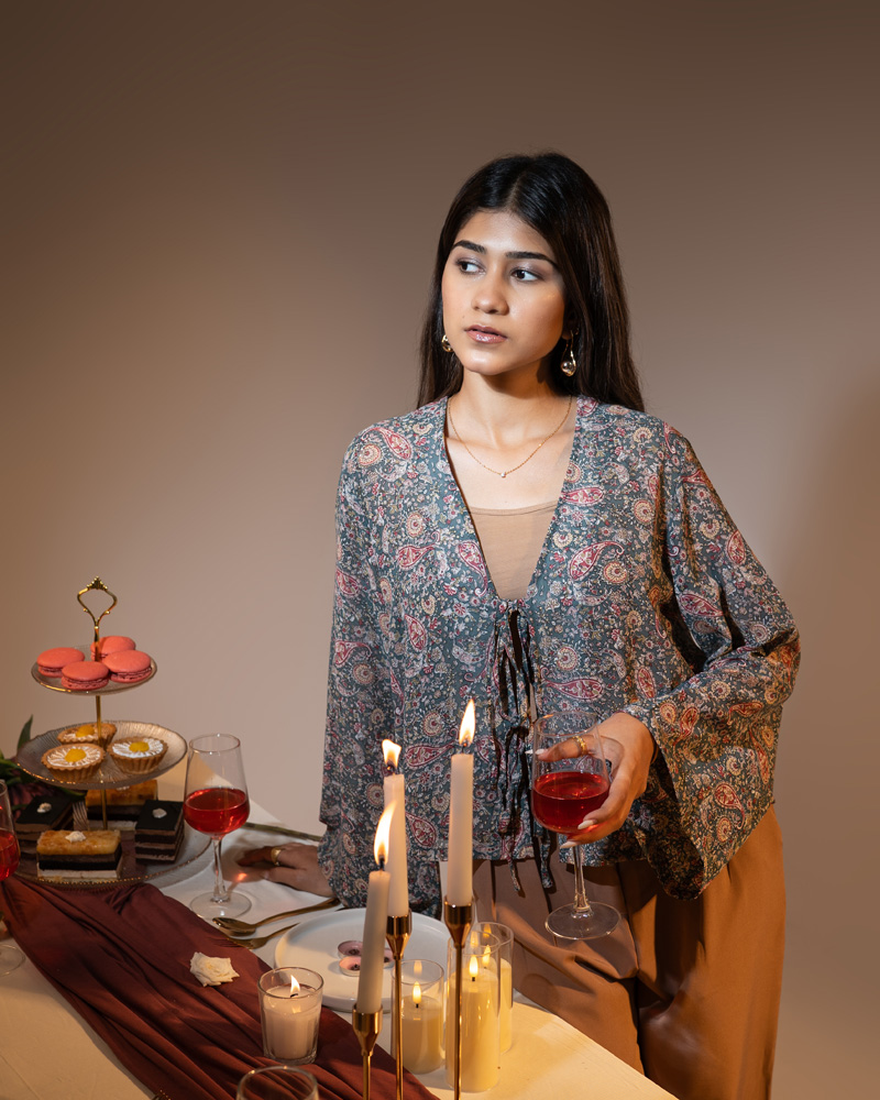 Women’s Paisley Printed String Tie Top in Green - Image 6