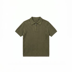 Zip-Up Loop Patterned Knit Polo in Olive
